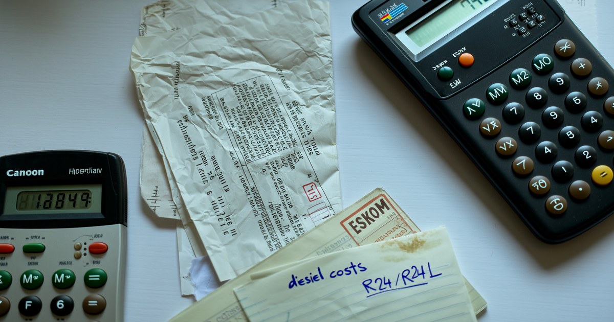 Two calculators beside crumpled receipts and handwritten note reading 'diesel costs R24/R24L' on white surface