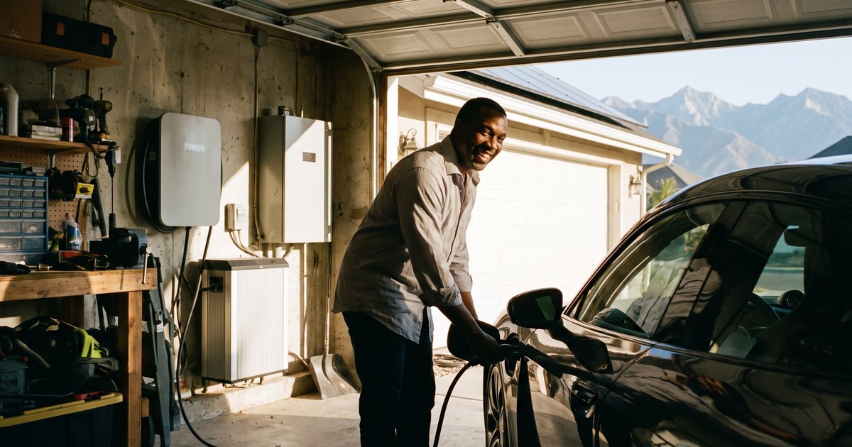 Smiling man plugs a charger into a black EV in a sunlit garage with wall-mounted home battery units